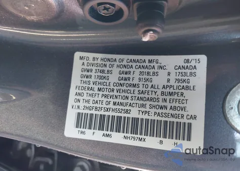 2015 Honda Civic Lx z USA, uszkodzony, nr VIN 2HGFB2F5XFH552582